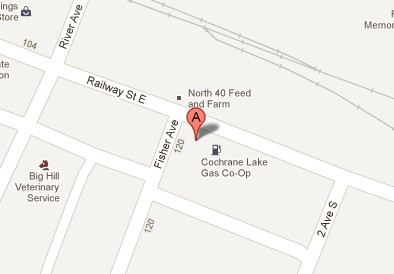 We're located at 205 Railway St. & Fisher Ave. Cochrane, AB T4C 2C3